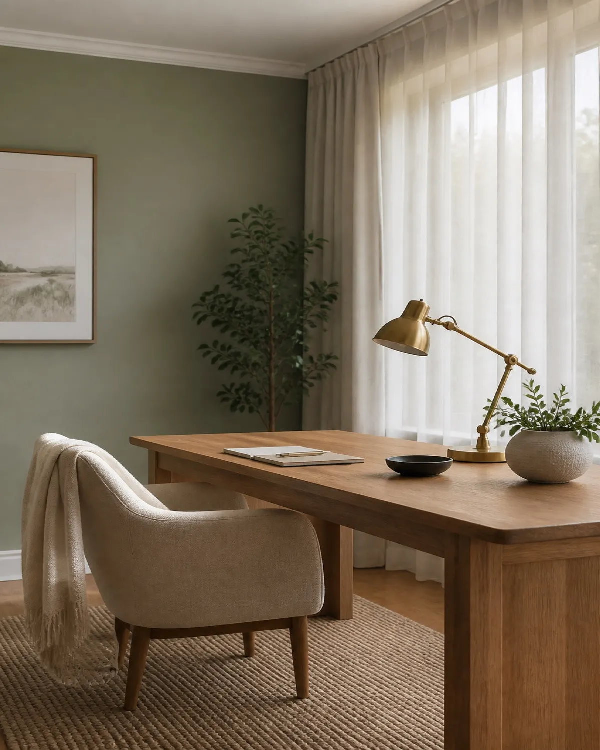 Home office with a calm desk, task lamp, and soft natural light through sheer curtains