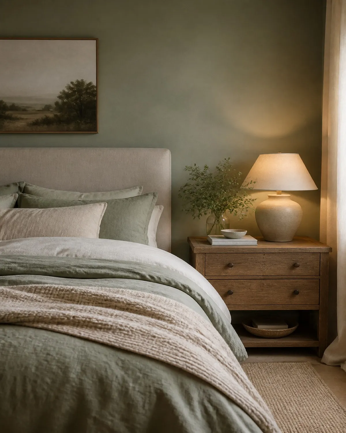 Soft sage bedroom with layered linen bedding and warm bedside lighting