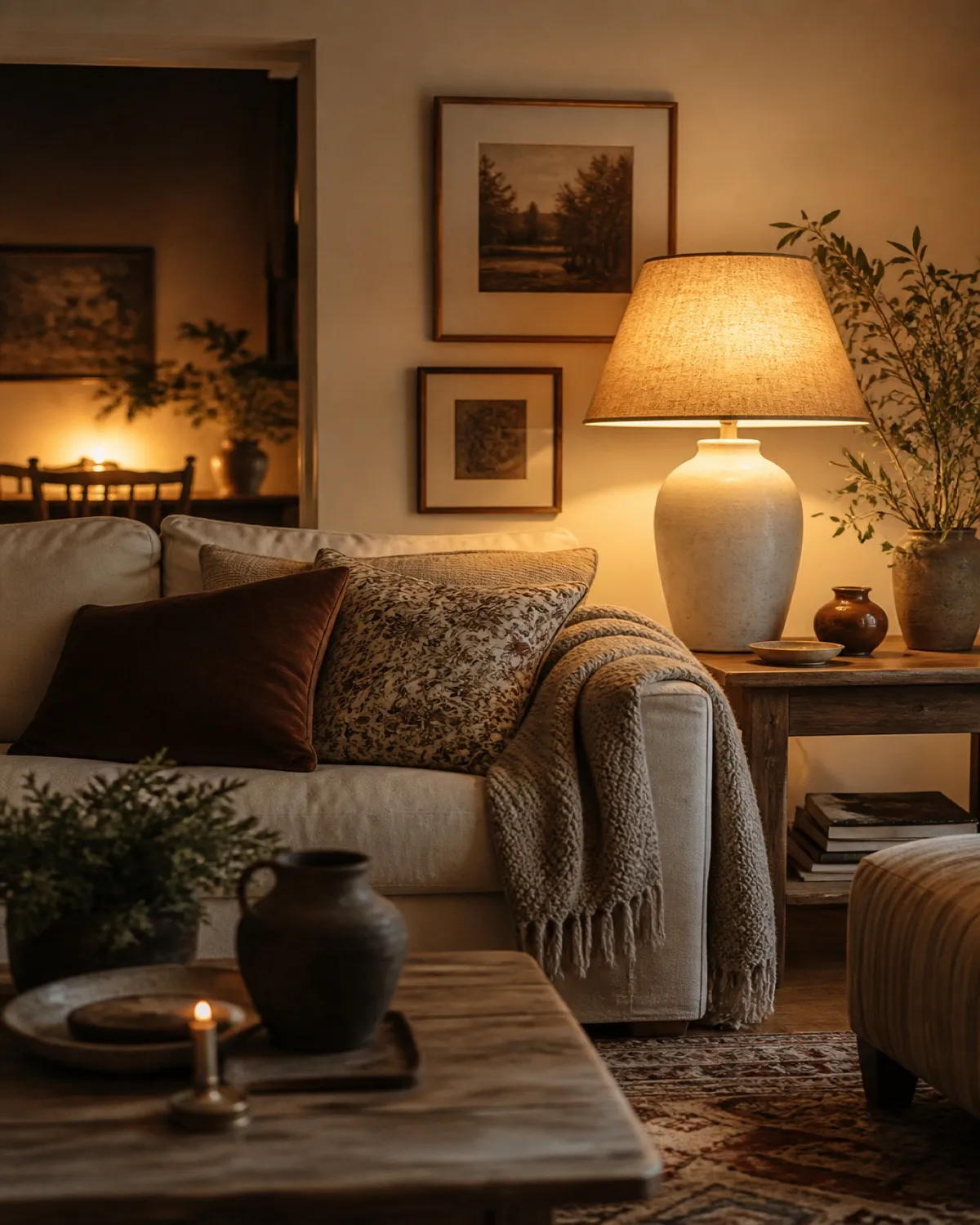 Cozy living room with warm lamps, layered textiles, and inviting seating on a budget