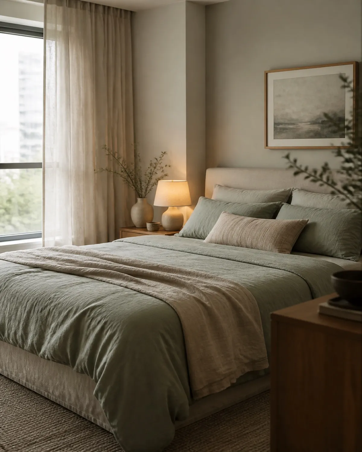 Soft sage bedroom with layered textiles, warm bedside light, and a calm uncluttered layout