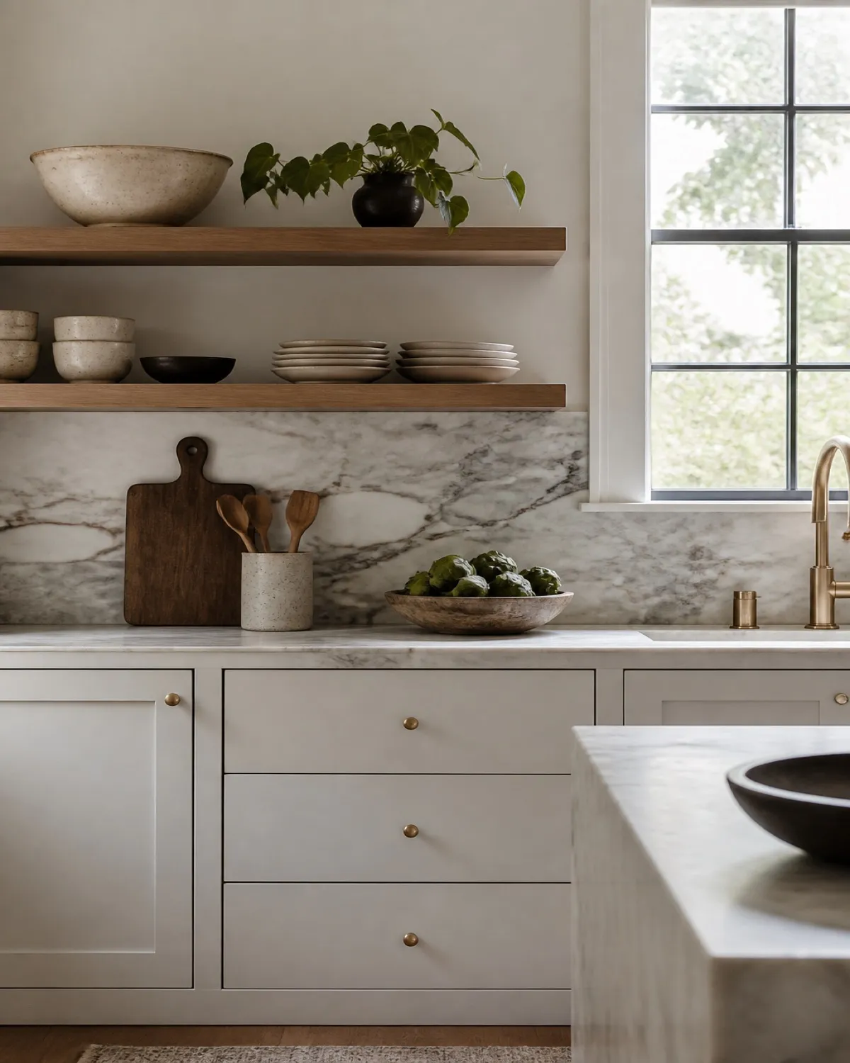 Calm kitchen with open shelving, ceramic bowls, and soft natural light