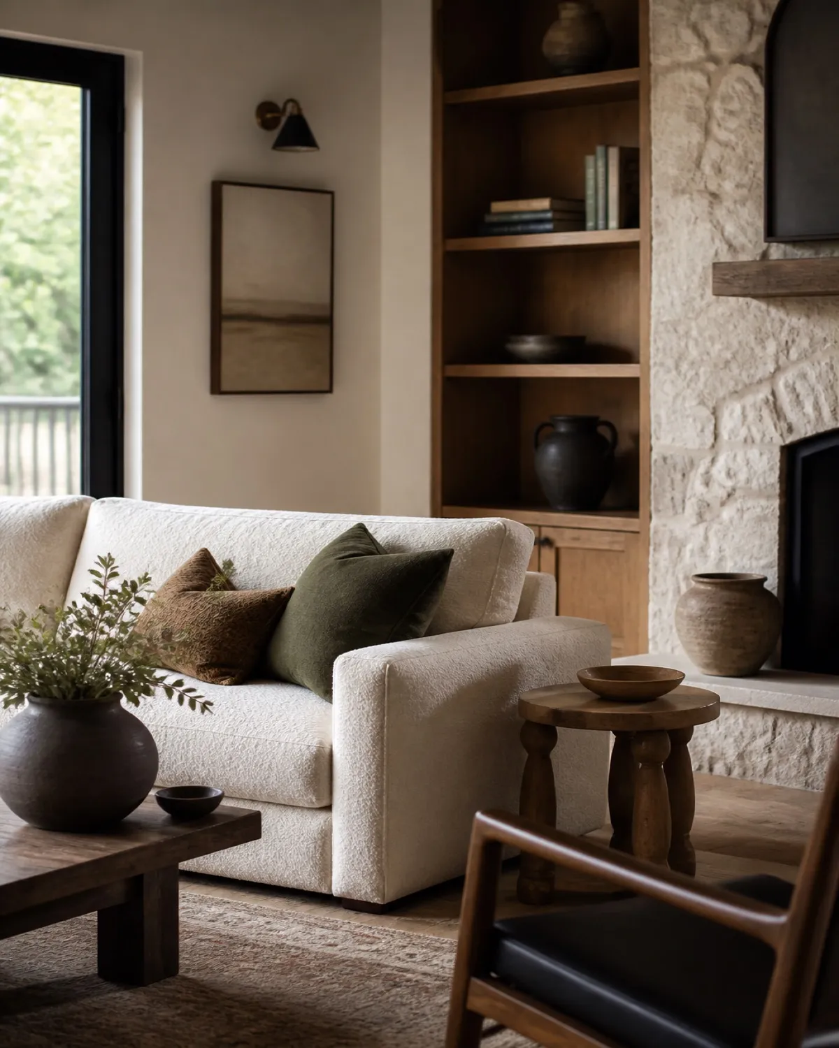 Layered living room with textured sofa, ceramic vase, and warm wood accents