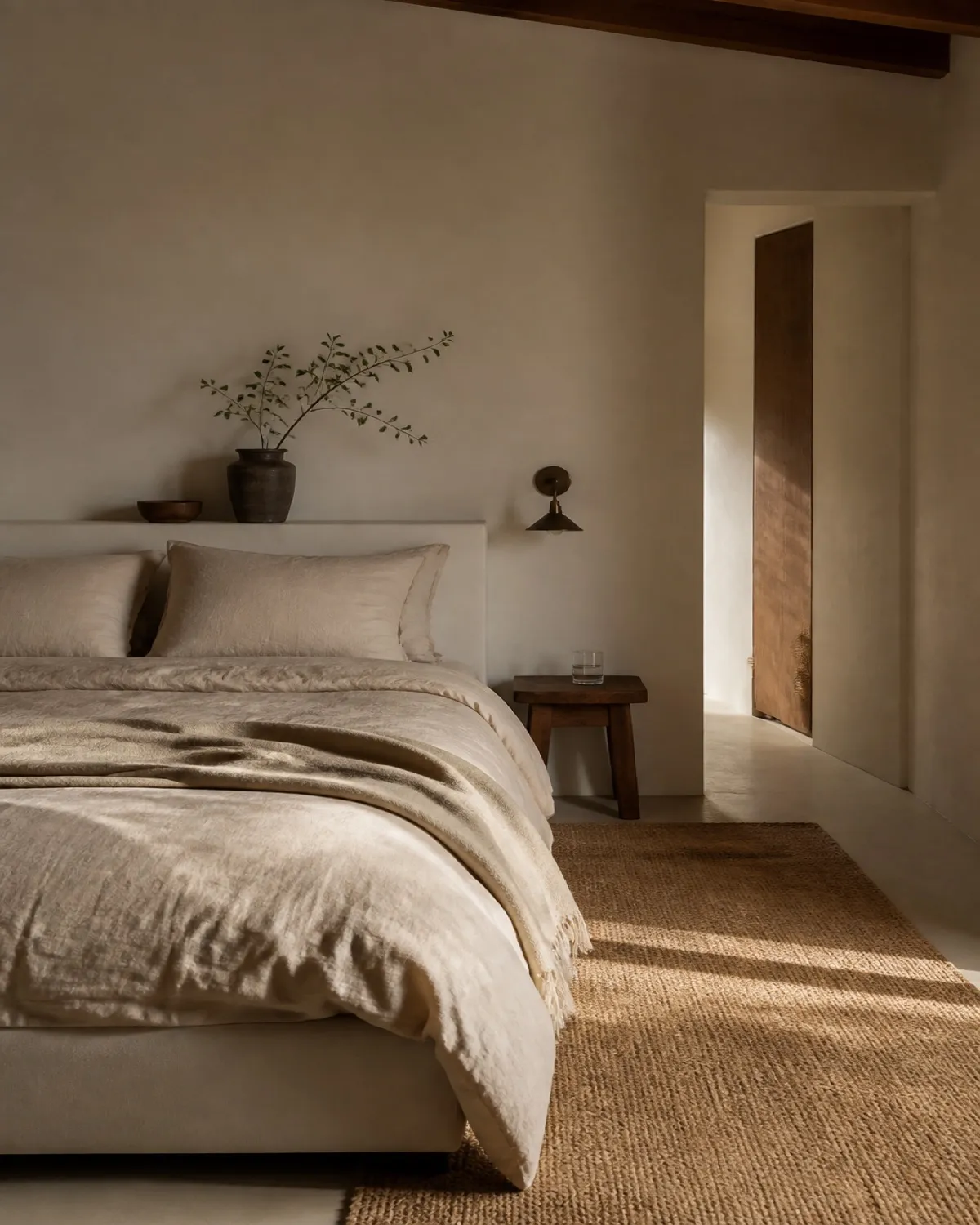 Minimalist bedroom with soft neutrals, honest materials, and quiet natural light