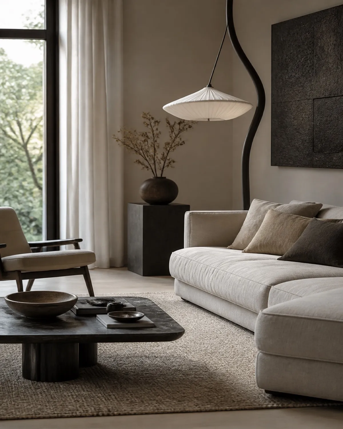 Modern living room with layered neutrals, sculptural lighting, and composed seating