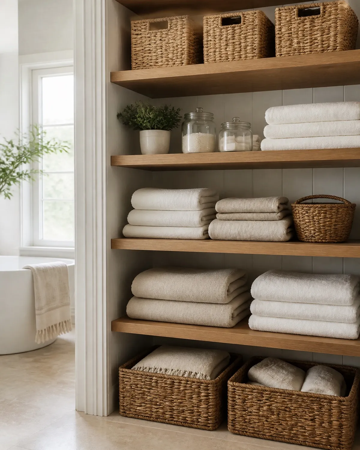 Open shelving with woven baskets and neatly stacked linens
