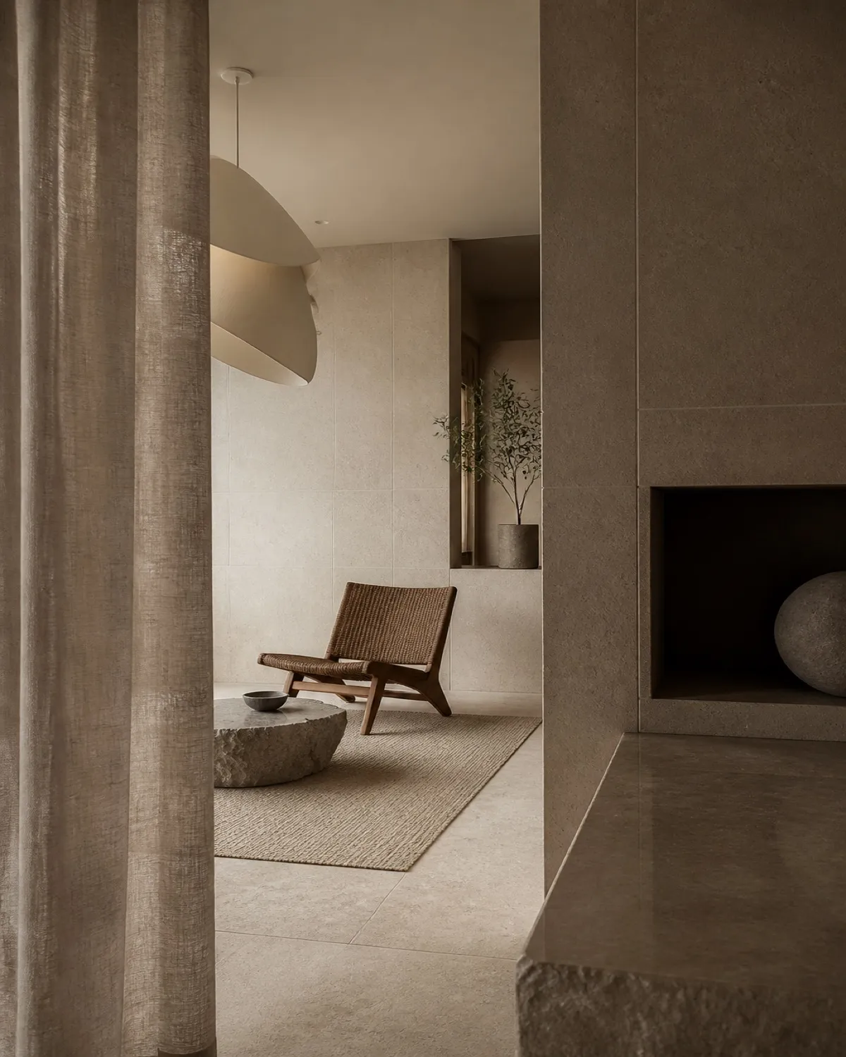 Quiet luxury interior with stone surfaces, linen drapery, and sculptural lighting