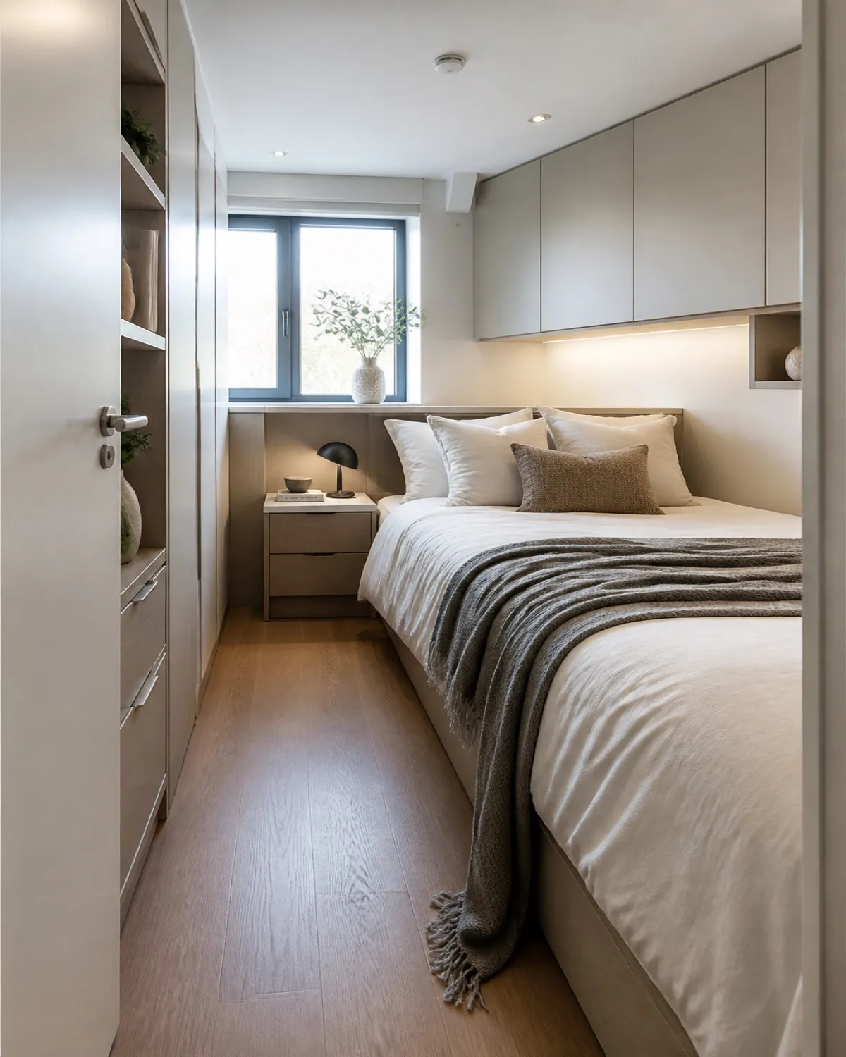 Compact bedroom with calm closed storage, open floor path, and soft daylight