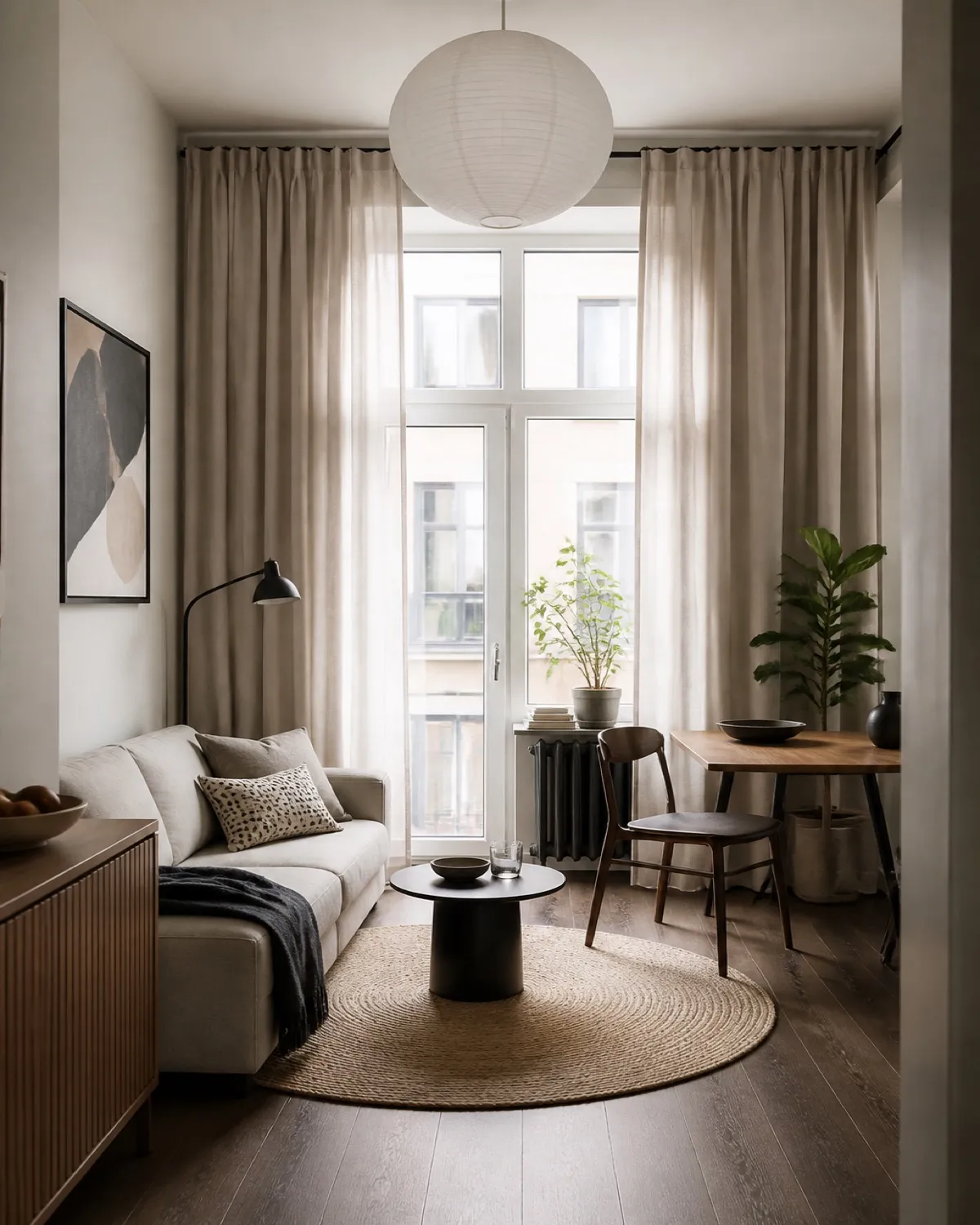 Compact living room with slim sofa, tall curtains, and multifunctional table